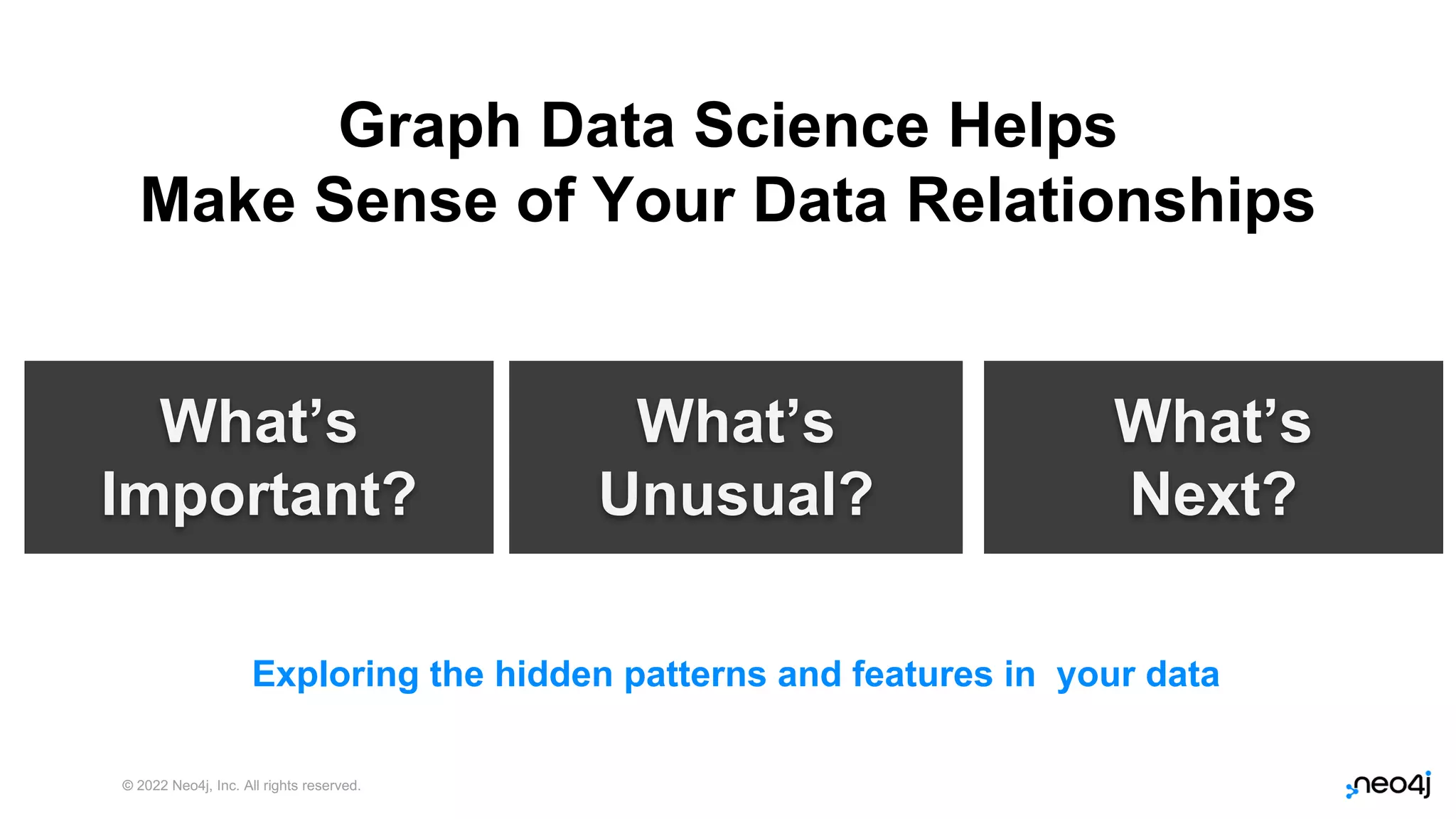 © 2022 Neo4j, Inc. All rights reserved.
What’s
Unusual?
What’s
Important?
What’s
Next?
Graph Data Science Helps
Make Sense of Your Data Relationships
34
Exploring the hidden patterns and features in your data
 
