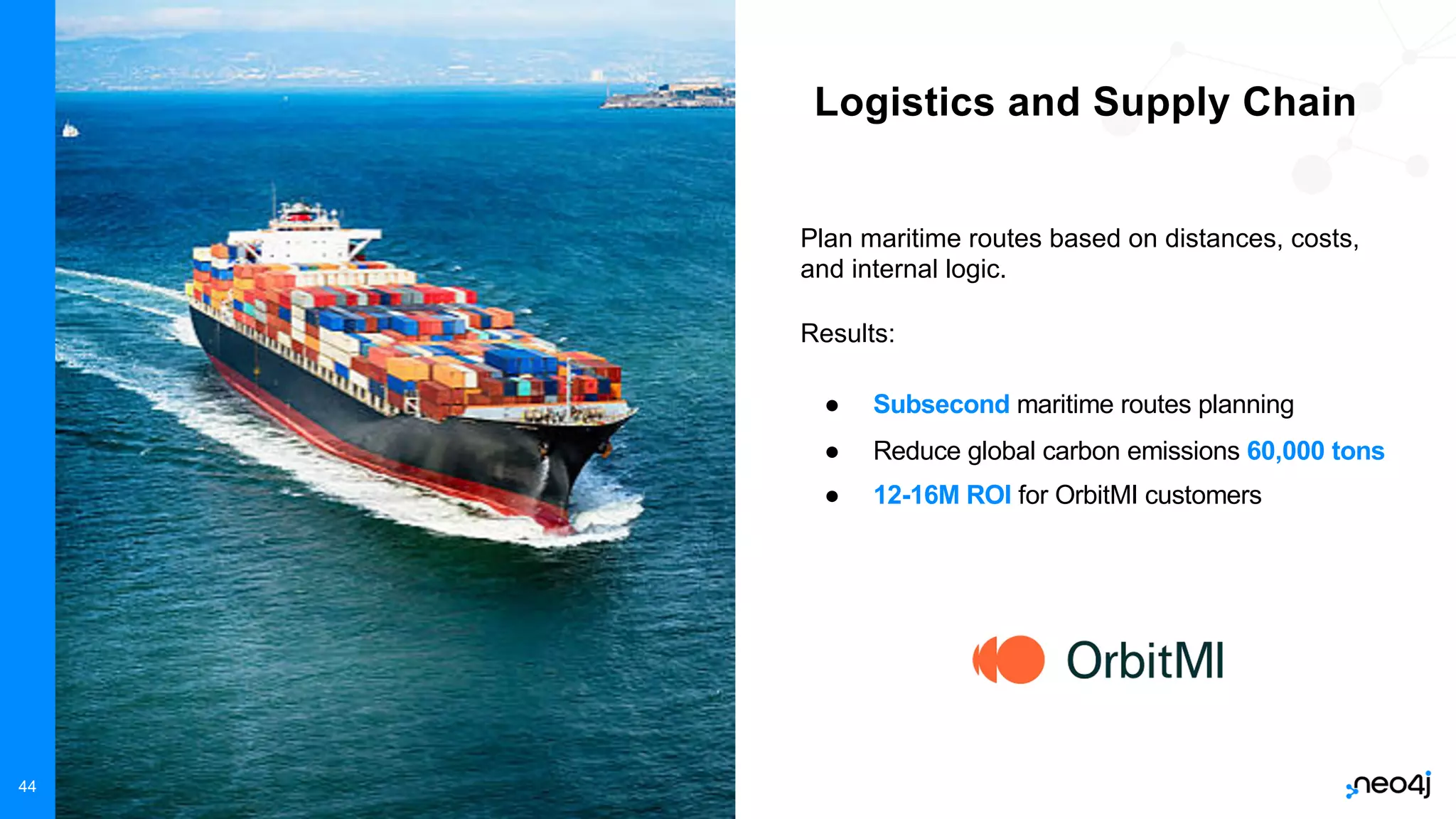 © 2022 Neo4j, Inc. All rights reserved.
44
Logistics and Supply Chain
Plan maritime routes based on distances, costs,
and internal logic.
Results:
● Subsecond maritime routes planning
● Reduce global carbon emissions 60,000 tons
● 12-16M ROI for OrbitMI customers
 