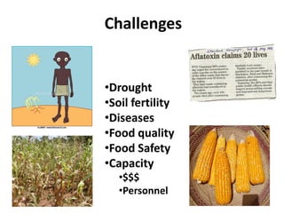 Challenges
•Drought
•Soil fertility
•Diseases
•Food quality
•Food Safety
•Capacity
•$$$
•Personnel
 