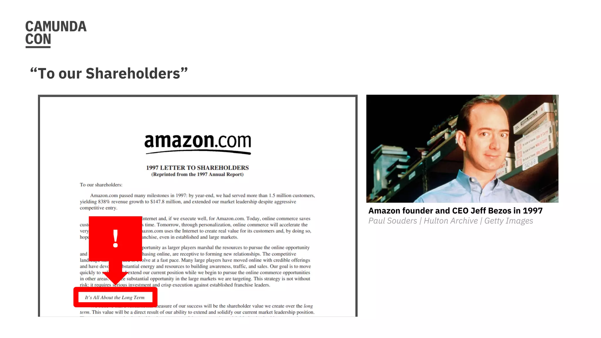 “To our Shareholders”
Amazon founder and CEO Jeff Bezos in 1997
Paul Souders | Hulton Archive | Getty Images
!
 