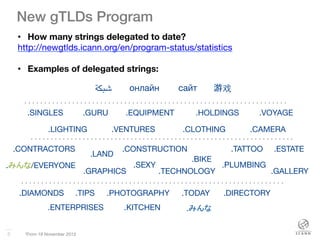 8
 8	
  
New gTLDs Program!
‫شبكة‬
 онлайн
 сайт
 游戏
.VENTURES
.EQUIPMENT
 .HOLDINGS
.GURU
 .VOYAGE
.SINGLES
.LIGHTING
 .CLOTHING
 .CAMERA
.BIKE
.PLUMBING
.GRAPHICS
.CONTRACTORS
.GALLERY
.SEXY
.CONSTRUCTION
 .TATTOO
.TECHNOLOGY
.ESTATE
.LAND
*From 19 November 2013
.TODAY
.DIAMONDS
 .TIPS
 .PHOTOGRAPHY
 .DIRECTORY
.ENTERPRISES
 .KITCHEN
.みんな/EVERYONE
.みんな
•  How many strings delegated to date? 
http://newgtlds.icann.org/en/program-status/statistics

•  Examples of delegated strings:
 