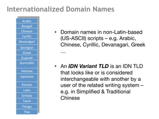 Internationalized Domain Names
•  Domain names in non-Latin-based
(US-ASCII) scripts – e.g. Arabic,
Chinese, Cyrillic, Devanagari, Greek
…
•  An IDN Variant TLD is an IDN TLD
that looks like or is considered
interchangeable with another by a
user of the related writing system –
e.g. in Simpliﬁed & Traditional
Chinese
9	
  
Arabic	
  
Bengali	
  
Chinese	
  
Cyrillic	
  
Devanagari	
  
Georgian	
  
Greek	
  
Gujara<	
  
Gurmukhi	
  
Hebrew	
  
Japanese	
  
Korean	
  
La<n	
  
Sinhala	
  
Tamil	
  
Telugu	
  
Thai	
  
 