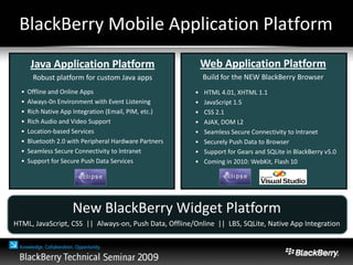 • Offline and Online Apps
• Always-0n Environment with Event Listening
• Rich Native App Integration (Email, PIM, etc.)
• Rich Audio and Video Support
• Location-based Services
• Bluetooth 2.0 with Peripheral Hardware Partners
• Seamless Secure Connectivity to Intranet
• Support for Secure Push Data Services
• HTML 4.01, XHTML 1.1
• JavaScript 1.5
• CSS 2.1
• AJAX, DOM L2
• Seamless Secure Connectivity to Intranet
• Securely Push Data to Browser
• Support for Gears and SQLite in BlackBerry v5.0
• Coming in 2010: WebKit, Flash 10
Web Application Platform
Build for the NEW BlackBerry Browser
Java Application Platform
Robust platform for custom Java apps
New BlackBerry Widget Platform
HTML, JavaScript, CSS || Always-on, Push Data, Offline/Online || LBS, SQLite, Native App Integration
BlackBerry Mobile Application Platform
 
