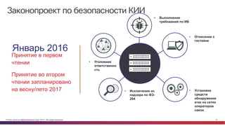 © Cisco и(или) ее аффилированные лица, 2014 г. Все права защищены. 10
Законопроект по безопасности КИИ
Принятие в первом
чтении
• Исключение из
надзора по ФЗ-
294
• Уголовная
ответственно
сть
• Отнесение к
гостайне
• Выполнение
требований по ИБ
Январь 2016
• Установка
средств
обнаружения
атак на сетях
операторов
связи
Принятие во втором
чтении запланировано
на весну/лето 2017
 