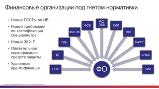 © Cisco и(или) ее аффилированные лица, 2014 г. Все права защищены. 13
Финансовые организации под гнетом нормативки
ФОНПС
БТ
ПДн
ФСТЭК
ФСБ
PCI
DSS КИИ
ККТ
SWIFT
СПФС
УИК
• Новые ГОСТы по ИБ
• Новые требования
по квалификации
специалистов
• Новый 382-П
• Обязательная
сертификация
средств защиты
• Удаленная
идентификация
 