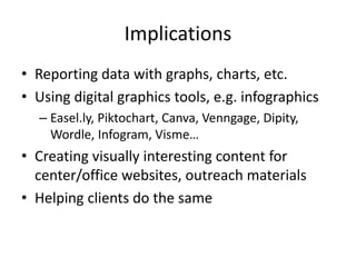 Implications
• Reporting data with graphs, charts, etc.
• Using digital graphics tools, e.g. infographics
– Easel.ly, Piktochart, Canva, Venngage, Dipity,
Wordle, Infogram, Visme…
• Creating visually interesting content for
center/office websites, outreach materials
• Helping clients do the same
 