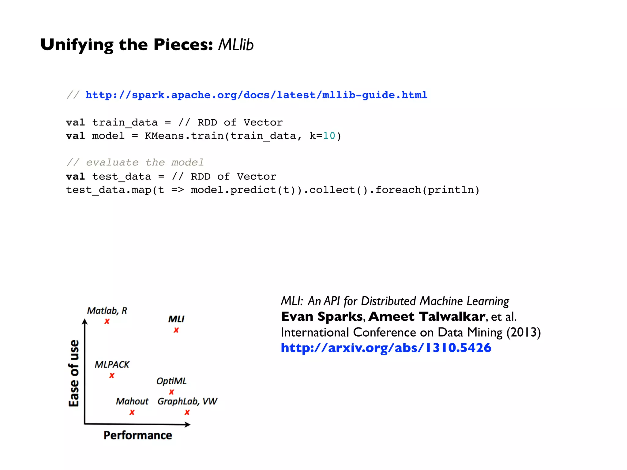 MLI: An API for Distributed Machine Learning 
Evan Sparks, Ameet Talwalkar, et al. 
International Conference on Data Mining (2013) 
http://arxiv.org/abs/1310.5426 
Unifying the Pieces: MLlib 
// http://spark.apache.org/docs/latest/mllib-guide.html! 
! 
val train_data = // RDD of Vector! 
val model = KMeans.train(train_data, k=10)! 
! 
// evaluate the model! 
val test_data = // RDD of Vector! 
test_data.map(t => model.predict(t)).collect().foreach(println)! 
 