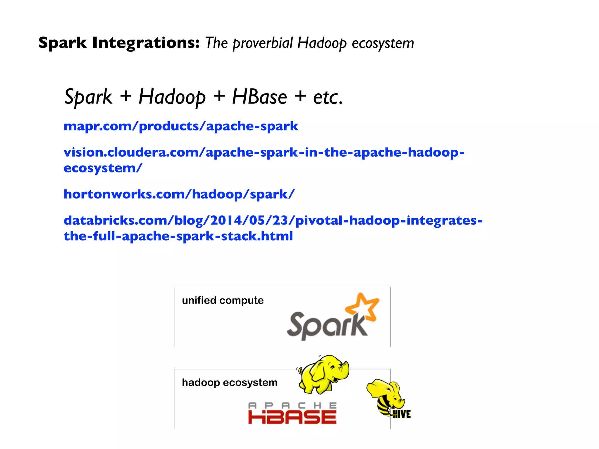 Spark Integrations: The proverbial Hadoop ecosystem 
Spark + Hadoop + HBase + etc. 
mapr.com/products/apache-spark 
vision.cloudera.com/apache-spark-in-the-apache-hadoop-ecosystem/ 
hortonworks.com/hadoop/spark/ 
databricks.com/blog/2014/05/23/pivotal-hadoop-integrates-the- 
full-apache-spark-stack.html 
unified compute 
hadoop ecosystem 
 