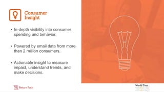 #RPWT
• In-depth visibility into consumer
spending and behavior.
• Powered by email data from more
than 2 million consumers.
• Actionable insight to measure
impact, understand trends, and
make decisions.
 