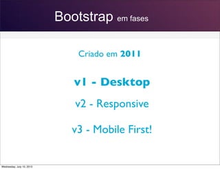 Bootstrap em fases
Criado em 2011
v1 - Desktop
v2 - Responsive
v3 - Mobile First!
Wednesday, July 10, 2013
 