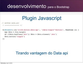 desenvolvimento para o Bootstrap
Plugin Javascript
Tirando vantagem do Data api
Wednesday, July 10, 2013
 