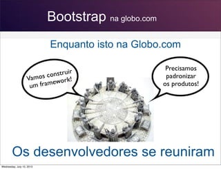 Bootstrap na globo.com
Os desenvolvedores se reuniram
Precisamos
padronizar
os produtos!
Vamos construir
um framework!
Enquanto isto na Globo.com
Wednesday, July 10, 2013
 
