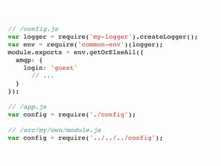 // /config.js
var logger = require('my-logger').createLogger();
var env = require('common-env')(logger);
module.exports = env.getOrElseAll({
amqp: {
login: 'guest'
// ...
}
});
// /app.js
var config = require('./config');
// /src/my/own/module.js
var config = require('../../../config');
 