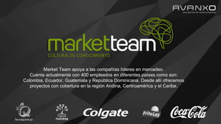 Market Team apoya a las compañías líderes en mercadeo.
Cuenta actualmente con 400 empleados en diferentes países como son:
Colombia, Ecuador, Guatemala y República Dominicana. Desde allí ofrecemos
proyectos con cobertura en la región Andina, Centroamérica y el Caribe.
 