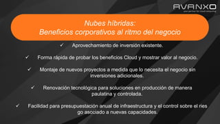 Nubes híbridas:
Beneficios corporativos al ritmo del negocio
 Aprovechamiento de inversión existente.
 Forma rápida de probar los beneficios Cloud y mostrar valor al negocio.
 Montaje de nuevos proyectos a medida que lo necesita el negocio sin
inversiones adicionales.
 Renovación tecnológica para soluciones en producción de manera
paulatina y controlada.
 Facilidad para presupuestación anual de infraestructura y el control sobre el ries
go asociado a nuevas capacidades.
 