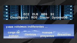 EC2 ELB EBS S3
CloudSearch RDS Glacier DynamoDB
desastres
carga de
trabajo cambios
nuevos
proyectos
y nos volvimos indiferentes …
 