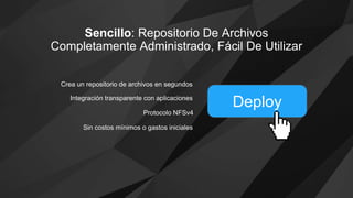Sencillo: Repositorio De Archivos
Completamente Administrado, Fácil De Utilizar
Crea un repositorio de archivos en segundos
Integración transparente con aplicaciones
Protocolo NFSv4
Deploy
Sin costos mínimos o gastos iniciales
 