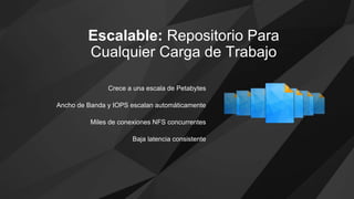 Escalable: Repositorio Para
Cualquier Carga de Trabajo
Crece a una escala de Petabytes
Ancho de Banda y IOPS escalan automáticamente
Miles de conexiones NFS concurrentes
Baja latencia consistente
 