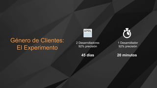 20 minutos
1 Desarrollador
92% precisión
Género de Clientes:
El Experimento
45 días
2 Desarrolladores
92% precisión
 