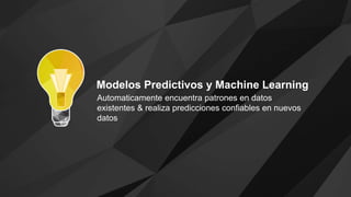 Automaticamente encuentra patrones en datos
existentes & realiza predicciones confiables en nuevos
datos
Modelos Predictivos y Machine Learning
 