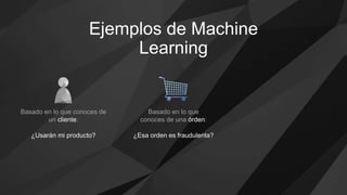 Ejemplos de Machine
Learning
Basado en lo que conoces de
un cliente:
¿Usarán mi producto?
Basado en lo que
conoces de una órden:
¿Esa orden es fraudulenta?
 