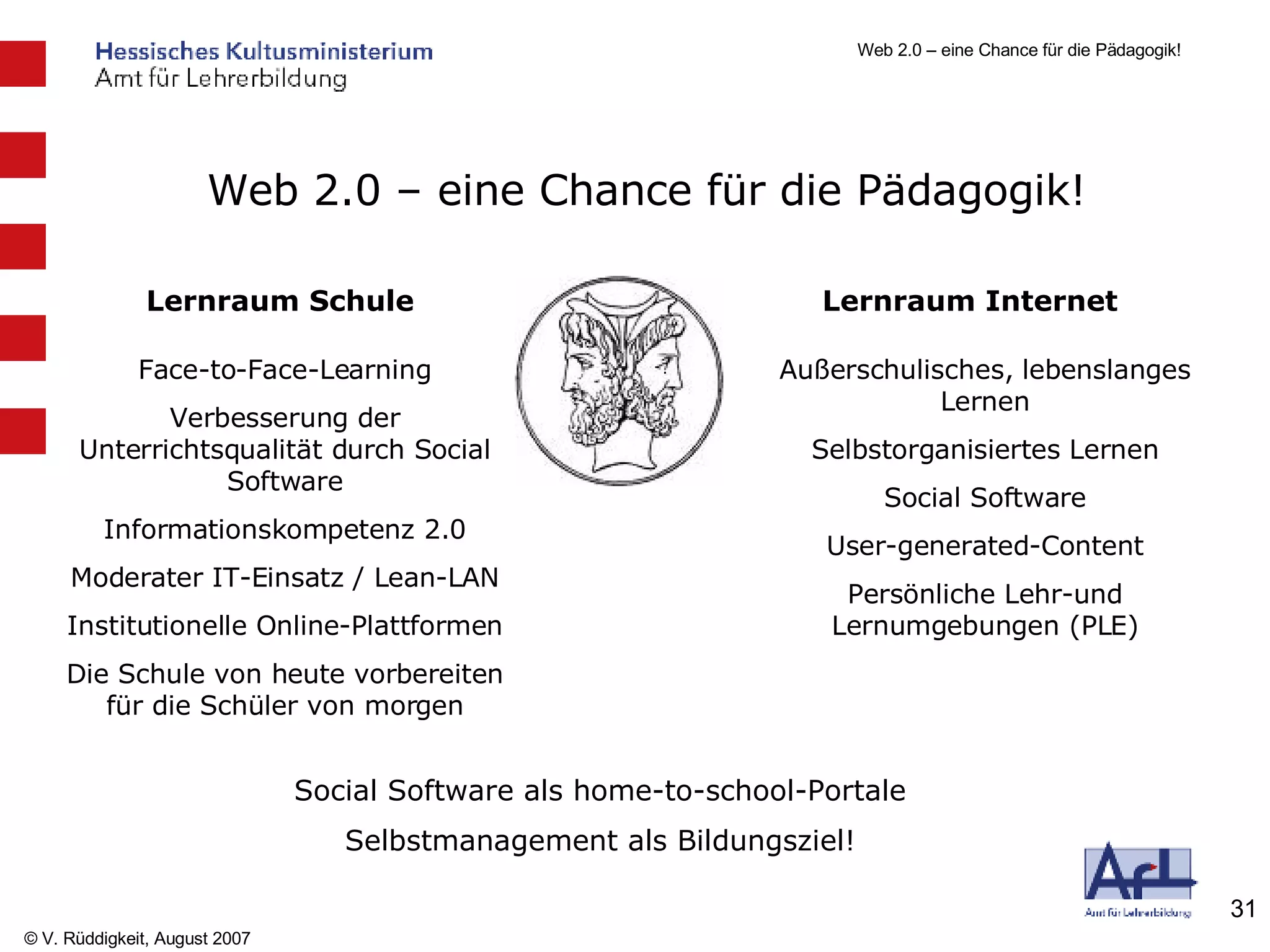Web 2.0 – eine Chance für die Pädagogik! Lernraum Schule Lernraum Internet Face-to-Face-Learning Verbesserung der Unterrichtsqualität durch Social Software Informationskompetenz 2.0 Moderater IT-Einsatz / Lean-LAN Institutionelle Online-Plattformen Die Schule von heute vorbereiten für die Schüler von morgen Außerschulisches, lebenslanges Lernen Selbstorganisiertes Lernen Social Software User-generated-Content Persönliche Lehr-und Lernumgebungen (PLE) Social Software als home-to-school-Portale Selbstmanagement als Bildungsziel! 
