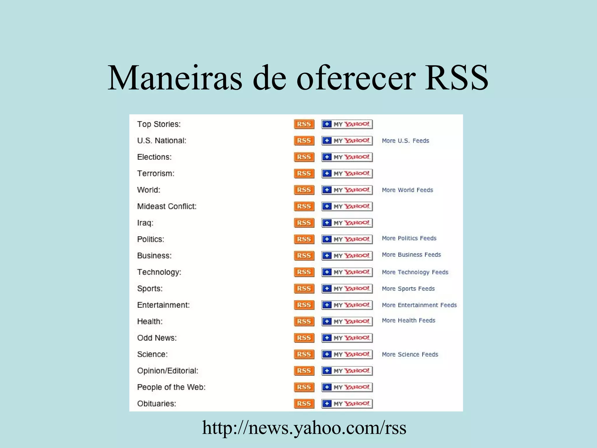 Maneiras de oferecer RSS http://news.yahoo.com/rss 