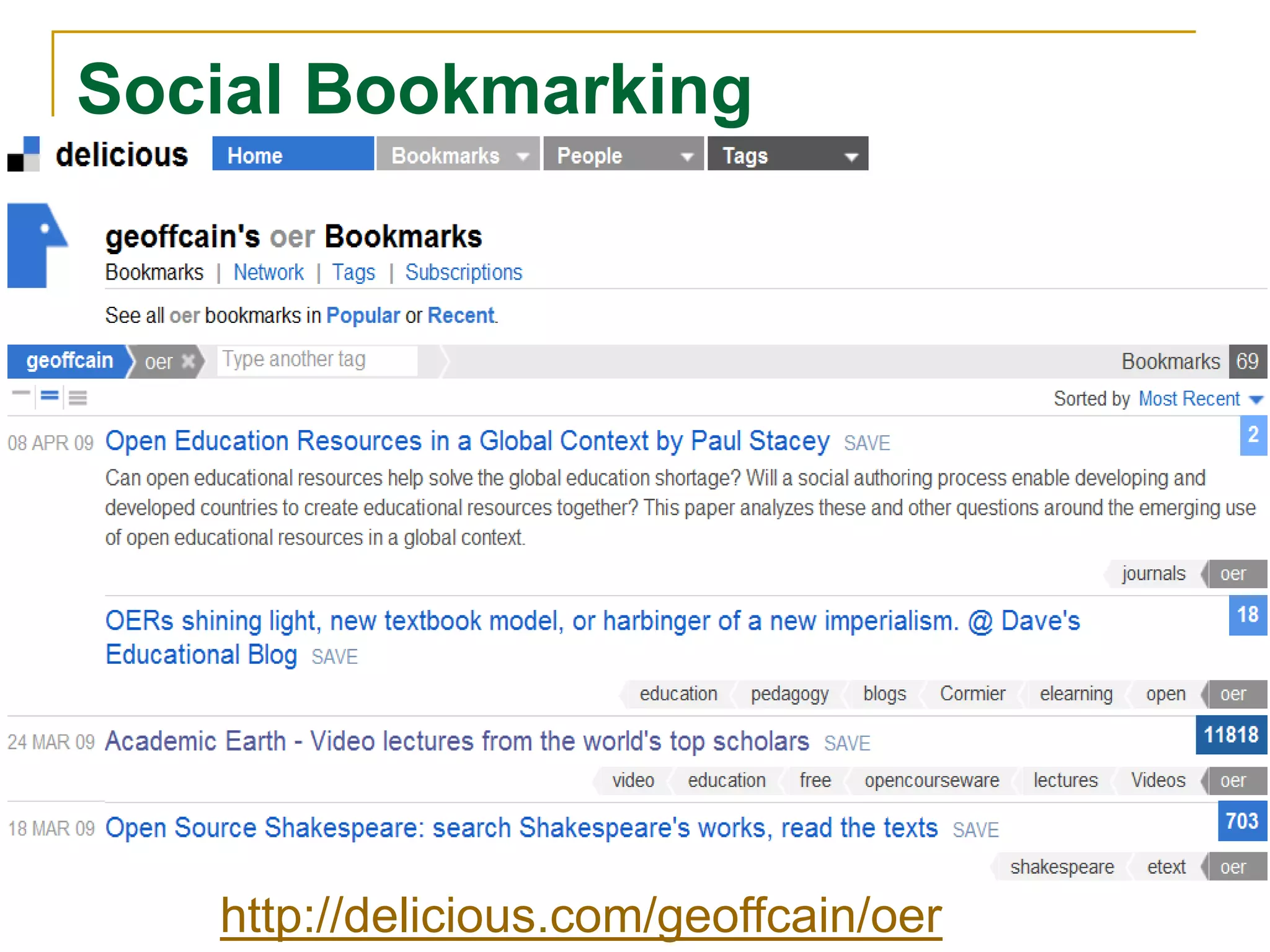 Social Bookmarkinghttp://delicious.com/geoffcain/oer