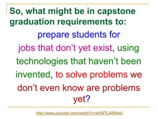 So, what might be in capstone graduation requirements to:prepare students forjobs that don’t yet exist, usingtechnologies that haven’t beeninvented, to solve problems wedon’t even know are problems yet?http://www.youtube.com/watch?v=xHWTLA8WecI