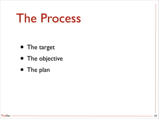 TrueSec
The Process
• The target	

• The objective	

• The plan
27
 