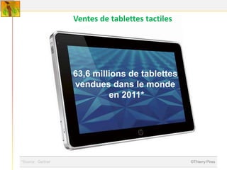 Ventes de tablettes tactiles




                    63,6 millions de tablettes
                    vendues dans le monde
                             en 2011*




*Source : Gartner                                  ©Thierry Pires
 