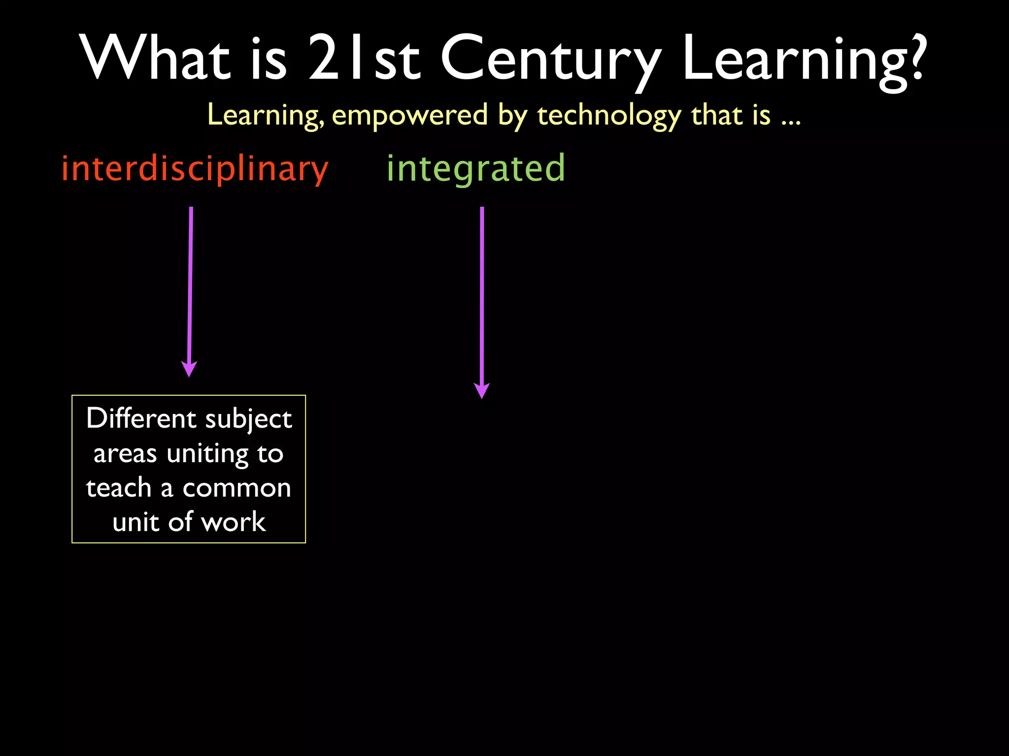 What is 21st Century Learning?
          Learning, empowered by technology that is ...
interdisciplinary      integrated




 Different subject
  areas uniting to
 teach a common
   unit of work
 