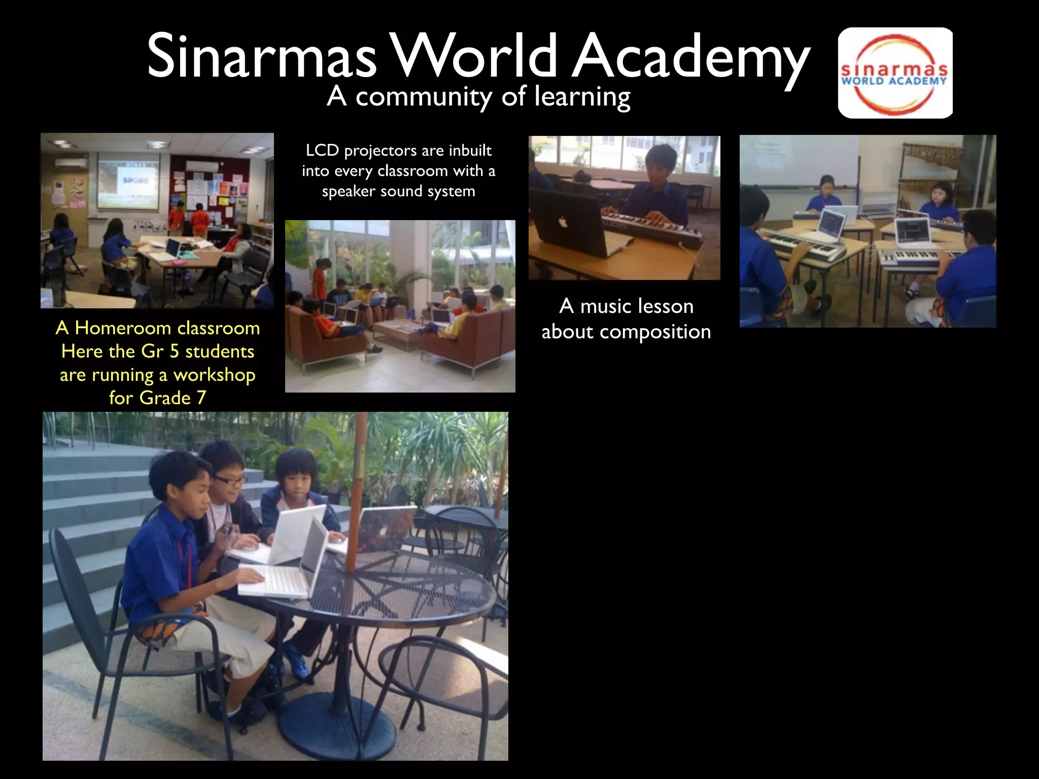 Sinarmas World Academy
               A community of learning
                          LCD projectors are inbuilt
                         into every classroom with a
                            speaker sound system




                                                         A music lesson
A Homeroom classroom                                   about composition
Here the Gr 5 students
are running a workshop
      for Grade 7
 