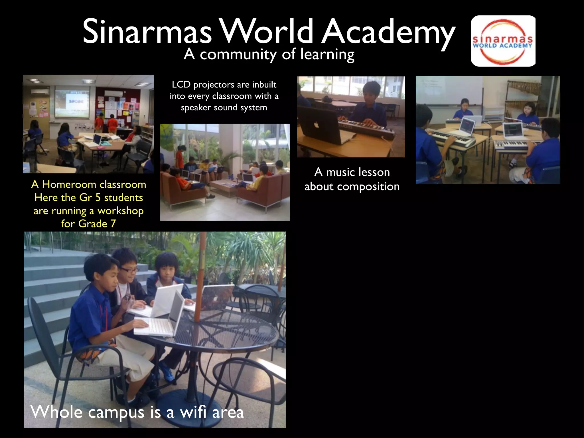 Sinarmas World Academy
               A community of learning
                          LCD projectors are inbuilt
                         into every classroom with a
                            speaker sound system




                                                         A music lesson
A Homeroom classroom                                   about composition
Here the Gr 5 students
are running a workshop
      for Grade 7




Whole campus is a wiﬁ area
 