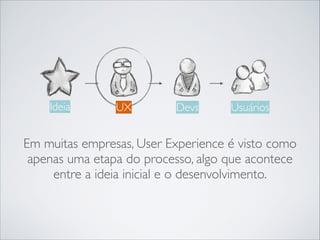 Ideia

UX

Devs

Usuários

Em muitas empresas, User Experience é visto como
apenas uma etapa do processo, algo que acontece
entre a ideia inicial e o desenvolvimento.

 