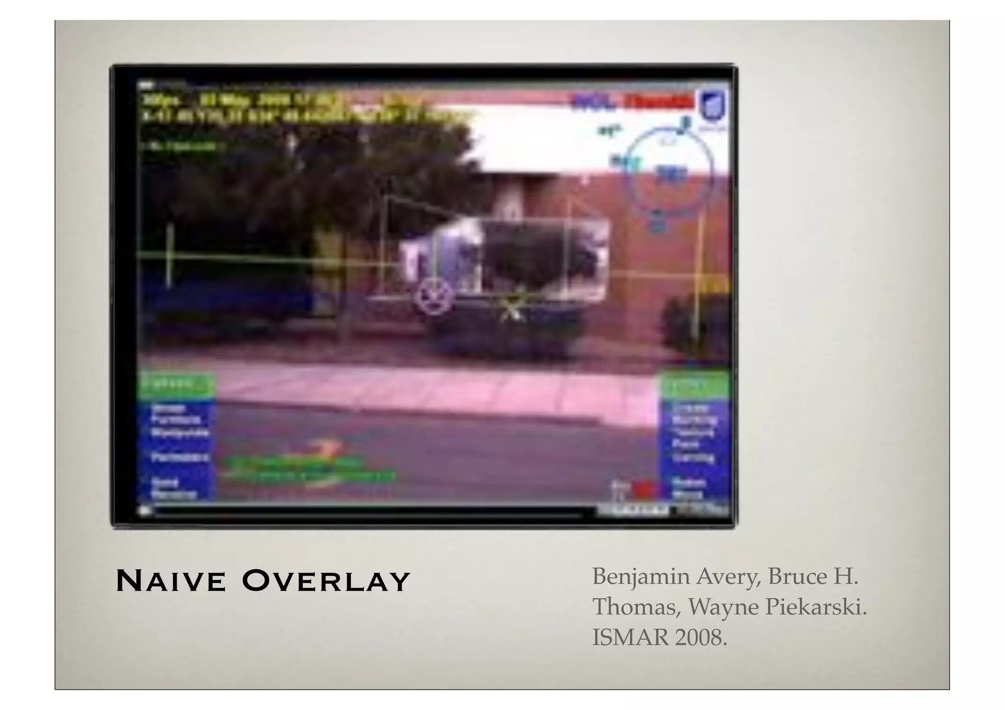 Naive Overlay   Benjamin Avery, Bruce H.
                Thomas, Wayne Piekarski.
                ISMAR 2008.
 