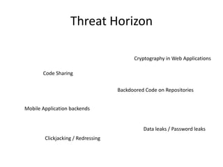 Threat Horizon

                                          Cryptography in Web Applications

       Code Sharing


                                    Backdoored Code on Repositories


Mobile Application backends


                                              Data leaks / Password leaks
        Clickjacking / Redressing
 