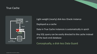 True Cache
Copyright © 2024, Oracle and/or its affiliates
APP
Writes
Current Reads
Reads
Light-weight (nearly) disk-less Oracle instance
Deployed as a cache
Data in True Cache instances is automatically in synch
Any SQL query can be easily directed to the cache instead
of the back-end database
Conceptually, a disk-less Data Guard
 