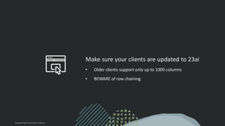 Copyright © 2024, Oracle and/or its affiliates
Make sure your clients are updated to 23ai
• Older clients support only up to 1000 columns
• BEWARE of row chaining
 