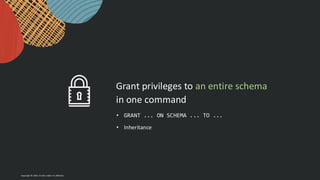 Copyright © 2024, Oracle and/or its affiliates
Grant privileges to an entire schema
in one command
• GRANT ... ON SCHEMA ... TO ...
• Inheritance
 