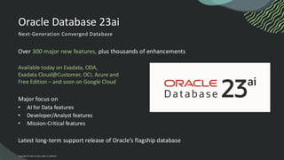 Oracle Database 23ai
Next-Generation Converged Database
Over 300 major new features, plus thousands of enhancements
Available today on Exadata, ODA,
Exadata Cloud@Customer, OCI, Azure and
Free Edition – and soon on Google Cloud
Major focus on
• AI for Data features
• Developer/Analyst features
• Mission-Critical features
Latest long-term support release of Oracle’s flagship database
Copyright © 2024, Oracle and/or its affiliates
 