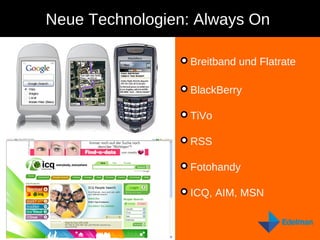 Neue Technologien: Always On  Breitband und Flatrate BlackBerry  TiVo  RSS  Fotohandy  ICQ, AIM, MSN  