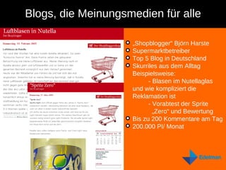 Blogs, die Meinungsmedien für alle „ Shopblogger“ Björn Harste Supermarktbetreiber Top 5 Blog in Deutschland Skurriles aus dem Alltag Beispielsweise: - Blasen im Nutellaglas    und wie kompliziert die    Reklamation ist - Vorabtest der Sprite      „Zero“ und Bewertung Bis zu 200 Kommentare am Tag 200.000 PI/ Monat 