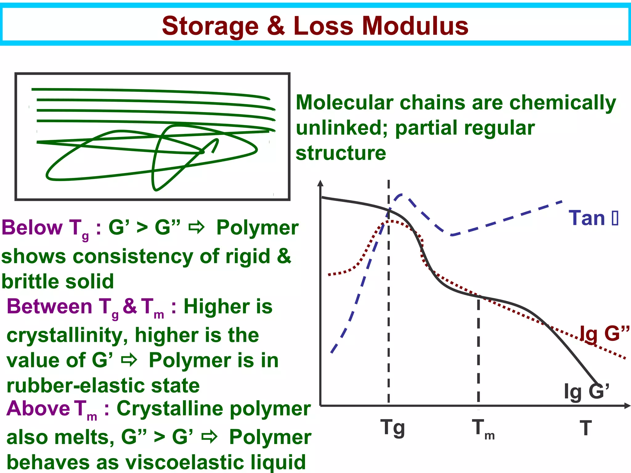 Molecular chains are chemically
unlinked; partial regular
structure
Below Tg : G’ > G”  Polymer
shows consistency of rigid &
brittle solid
Between Tg & Tm : Higher is
crystallinity, higher is the
value of G’  Polymer is in
rubber-elastic state Ig G’
Tan 
Ig G”
Tg TTm
Above Tm : Crystalline polymer
also melts, G” > G’  Polymer
behaves as viscoelastic liquid
Storage & Loss Modulus
 
