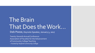 The Brain
That Does theWork…
Deb Poese, Keynote Speaker, January 5, 2017
Twenty-SeventhAnnual Conference
Association of Faculties for the Advancement
of Community CollegeTeaching
--hosted by Harford Community College
 