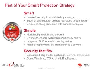 Part of Your Smart Protection Strategy
Smart
• Layered security from mobile to gateways
• Superior architecture; detects r...