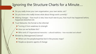 Ignoring the Structure Charts for a Minute….
 Do you really know your own organisation, your own sector, etc?
 Do you know who really knows what about things work currently?
 Making changes – how much is new, how much new to you, how much has happened before,
happened elsewhere etc
 Trust Networks: the formal vs the informal
 Turning it from weakness to strength
 How can we facilitate this?
 Who sorts it? Organisational memories – cultural traditions – how recorded and utlised?
 Blinded by [Management] Science?
 Where are the people/expertise lost in the process maps?
 People as dynamic agents of change
 