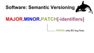 Software: Semantic Versioning
MAJOR.MINOR.PATCH[-identifiers]
PATCH: only BC bug fixes.
MINOR: BC new features
2.0
 