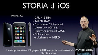 STORIA di iOS
    iPhone 3G
                      - CPU 412 MHz
                      - 128 MB RAM
                      - Fotocamera 2 Megapixel
                      - Ultima ver. iOS 4.2.1
                      - Hardware simile all’EDGE
                      - Colorazione
                        esclusivamente NERO



È stato presentato il 9 giugno 2008 presso la conferenza del WWDC 2008 a
                                San Francisco.
 