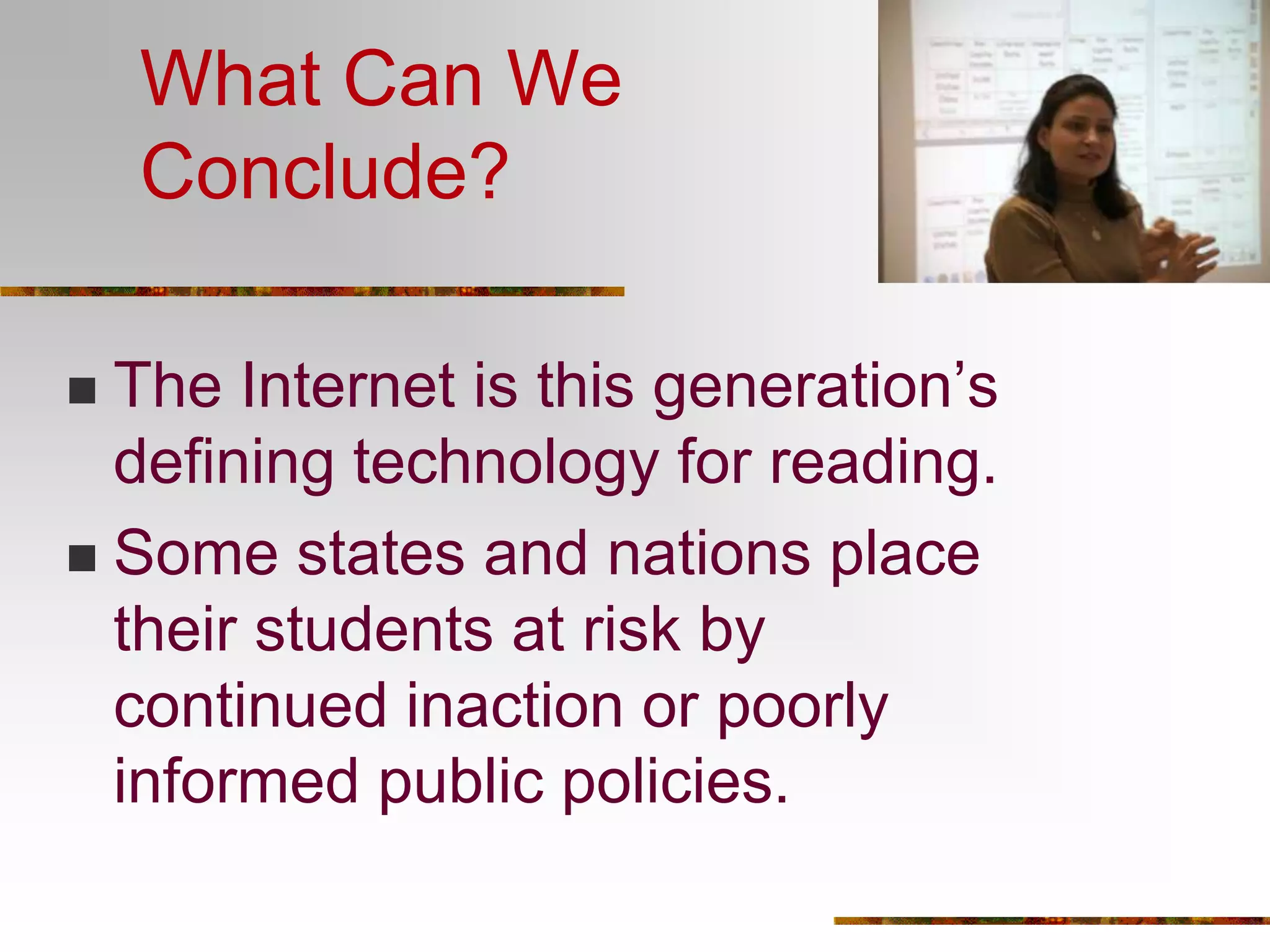 The Workplace Has ChangedRecent productivity gains are due to using the Internet to share information, communicate, and solve problems (van Ark, Inklaar, & McGuckin, 2003; Friedman, 2005; Matteucci, O’Mahony, Robinson, & Zwick, 2005).This generation’s defining technology for reading.